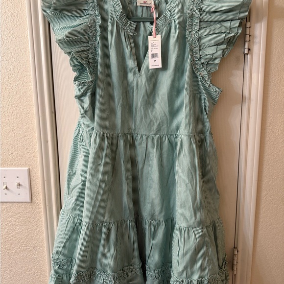 Vineyard Vines Green Striped ruffle dress New with Tags - Picture 2 of 5